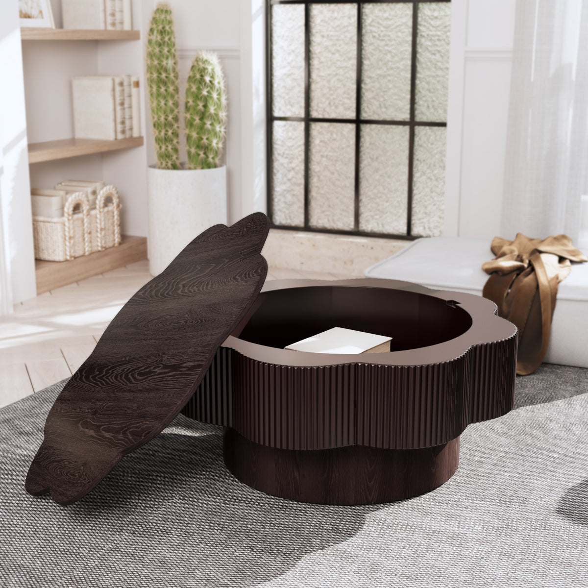 Dark brown wood veneer Plum Blossom coffee table by Anthony & Home with sleek, modern design and smooth finish.