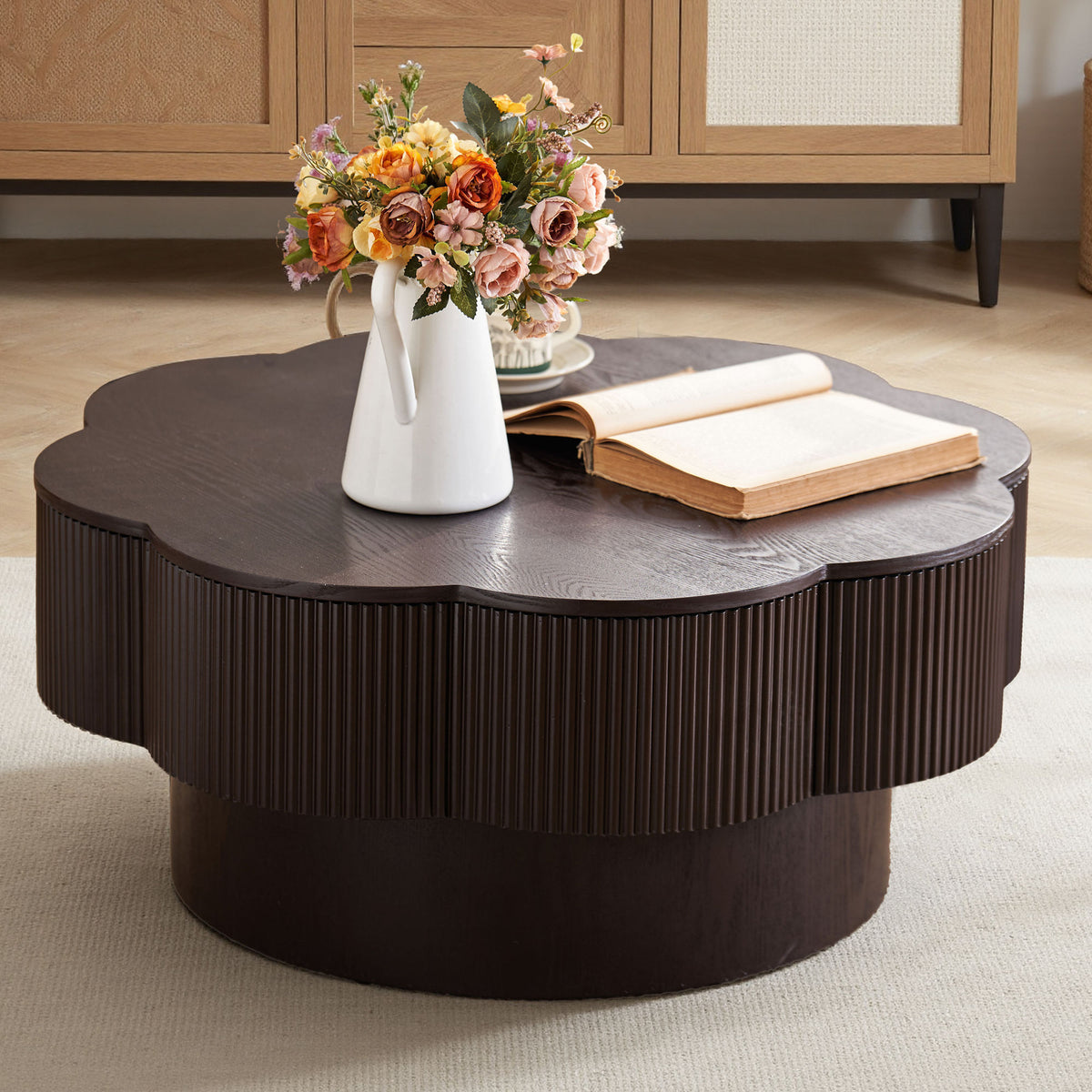 Dark brown wood veneer Plum Blossom coffee table by Anthony & Home featuring a sleek, modern design and smooth finish.