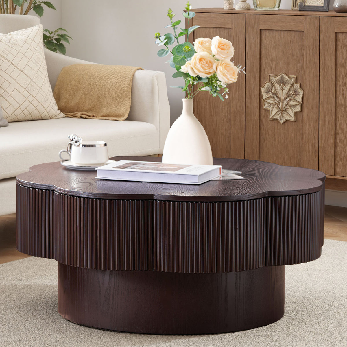 Dark brown wood veneer Plum Blossom coffee table by Anthony & Home featuring a stylish, contemporary design.