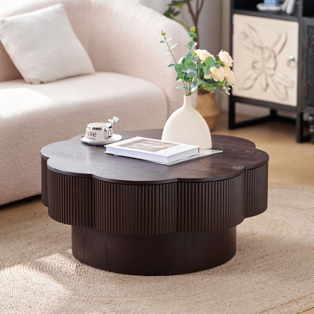 Dark brown wood veneer Plum Blossom coffee table by Anthony & Home featuring a sleek, modern design with a smooth surface.