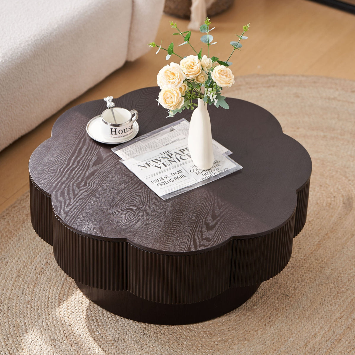 Dark brown wood veneer Plum Blossom Coffee Table by Anthony & Home featuring a sleek, modern design with a smooth tabletop.