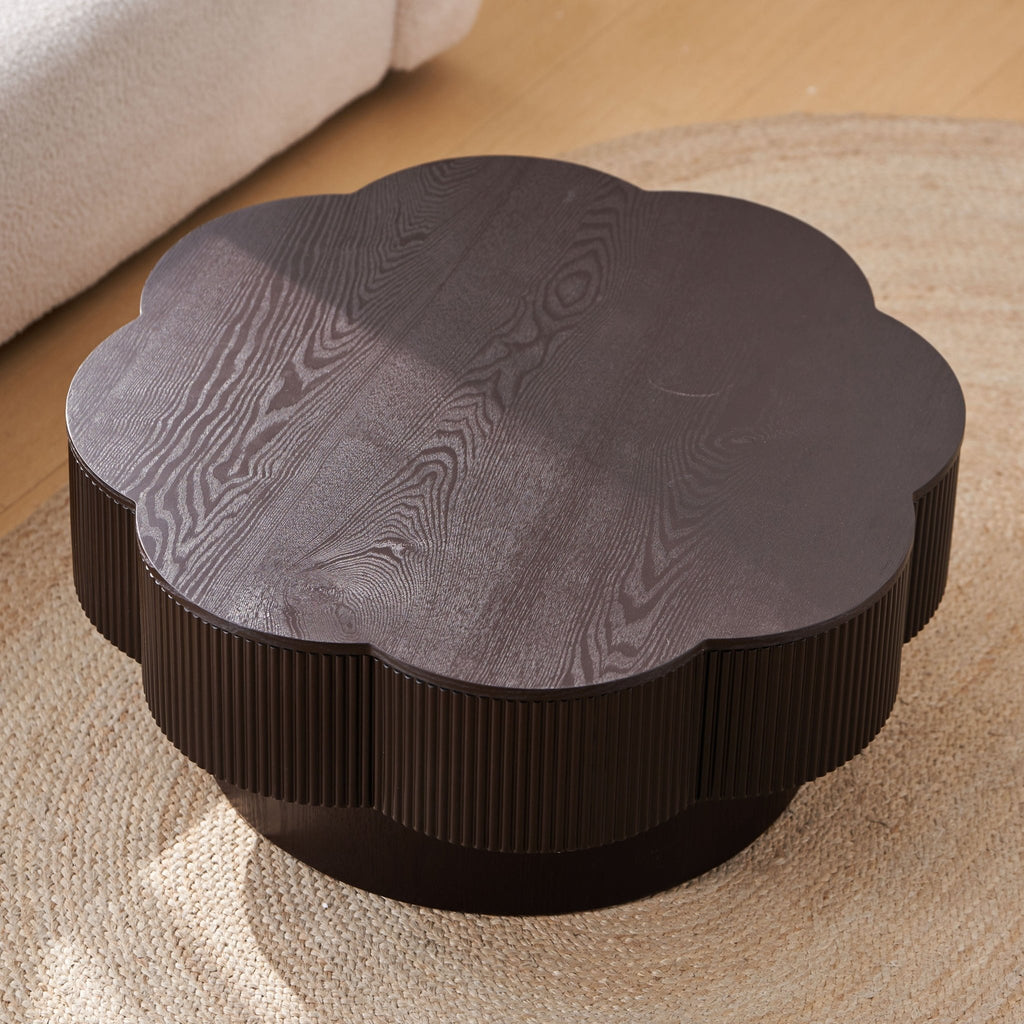 Dark brown wood veneer Plum Blossom Coffee Table by Anthony & Home featuring a sleek, modern design and smooth surface.