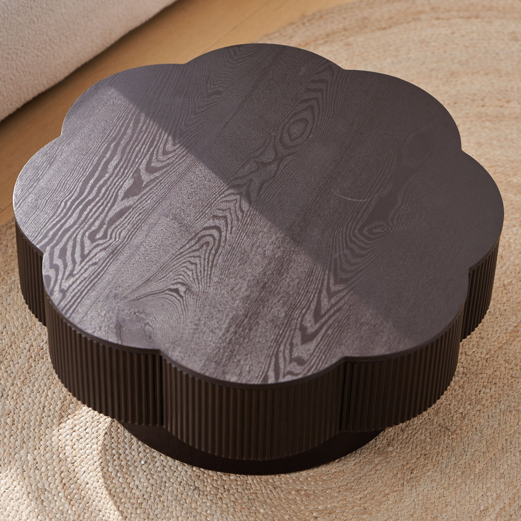 Dark brown wood veneer Plum Blossom Coffee Table by Anthony & Home featuring a sleek, modern design and smooth surface.
