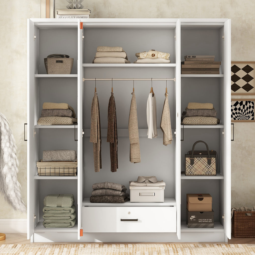 White plywood mirror wardrobe with four doors, limited edition by Anthony & Home, showcasing sleek, modern design and reflective surfaces.