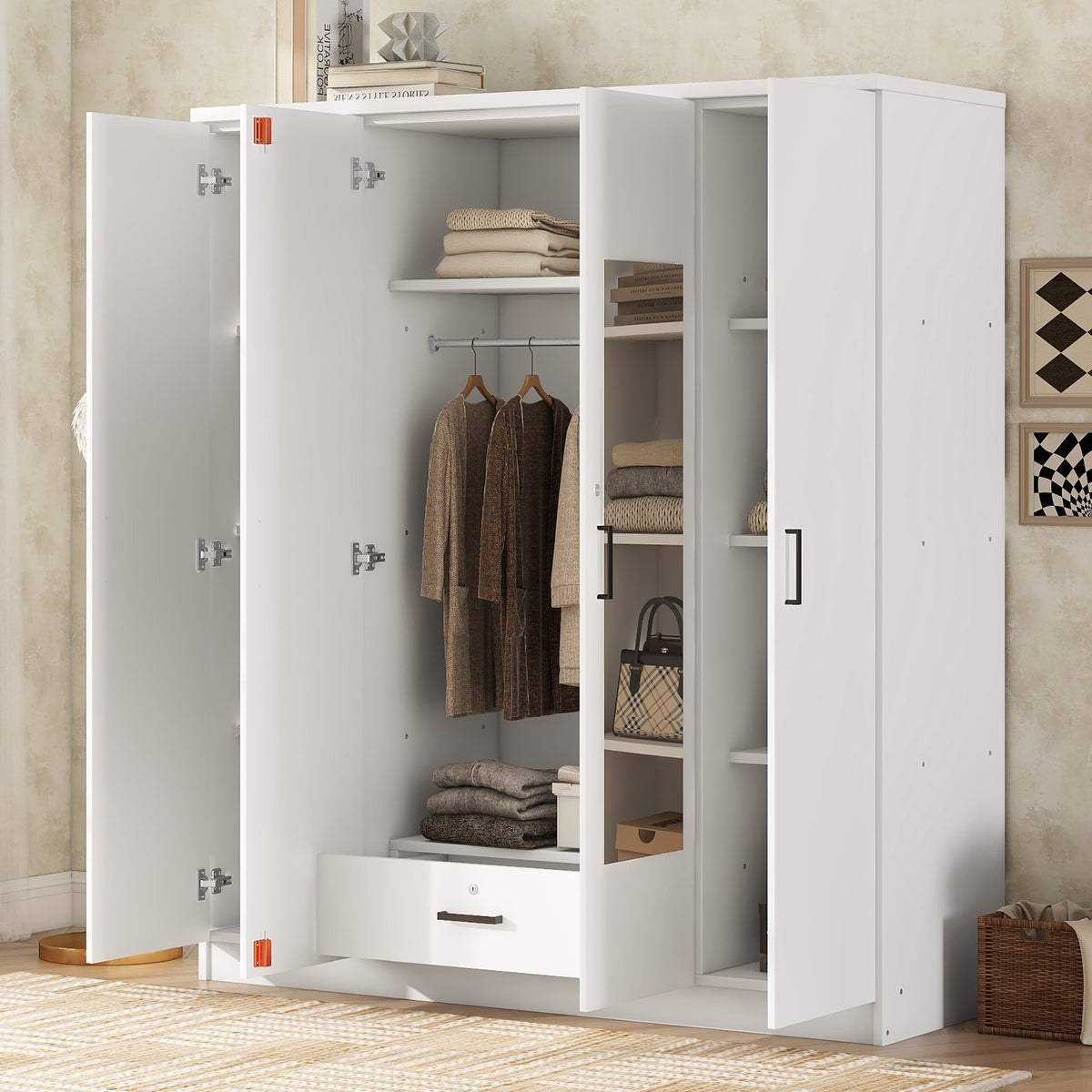 White 4-door plywood mirror wardrobe by Anthony & Home featuring sleek design and full-length mirror panels.