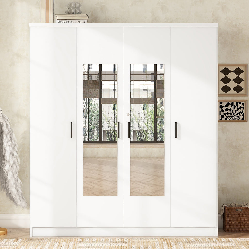 White 4-door plywood mirror wardrobe by Anthony & Home with sleek design, featuring mirrored doors and modern storage space.