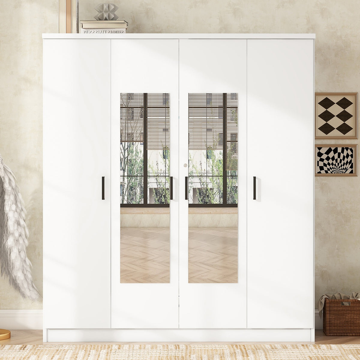 White 4-door plywood mirror wardrobe by Anthony & Home with sleek design, featuring mirrored doors and modern storage space.