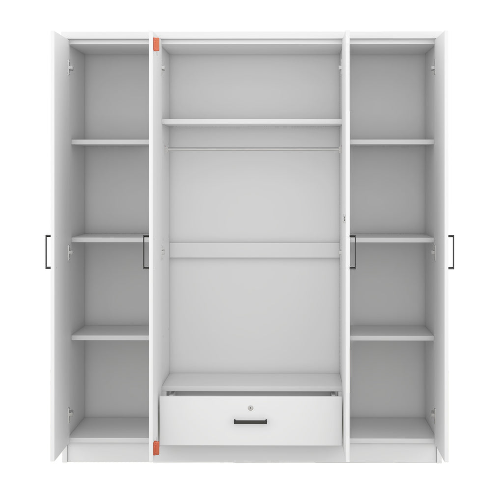 White plywood mirror wardrobe with four doors, featuring sleek Anthony & Home design for modern bedroom storage.