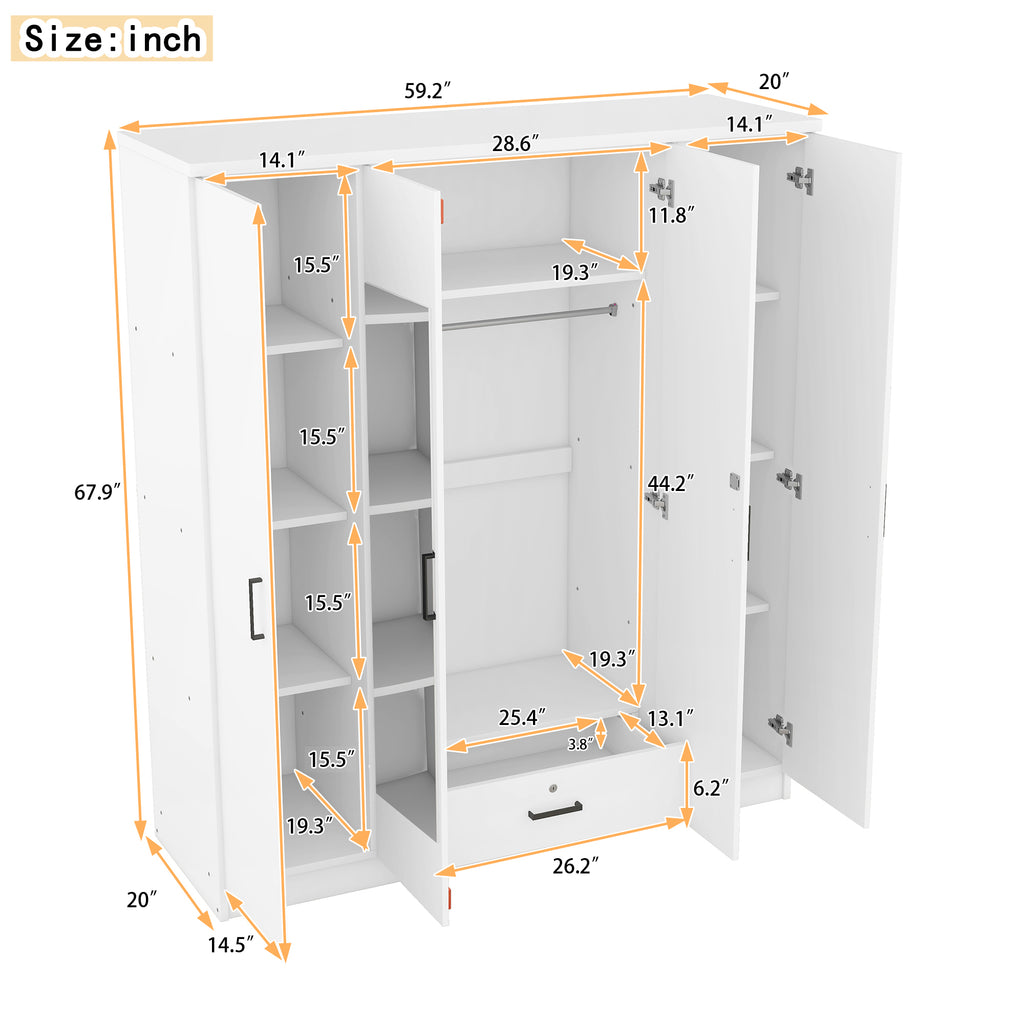 White Anthony & Home plywood mirror wardrobe with four doors, modern design and sleek finish.
