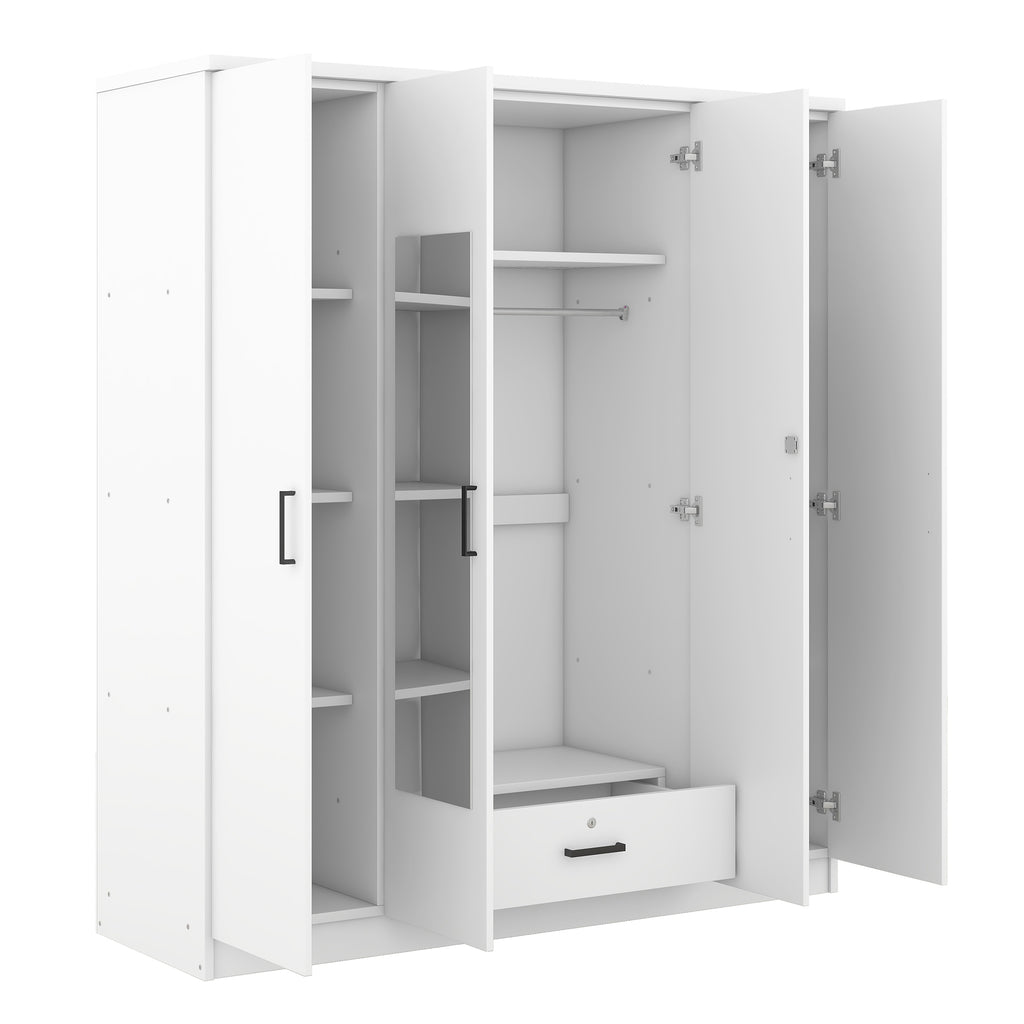 White Anthony & Home 4-door plywood mirror wardrobe with sleek design and ample storage space.