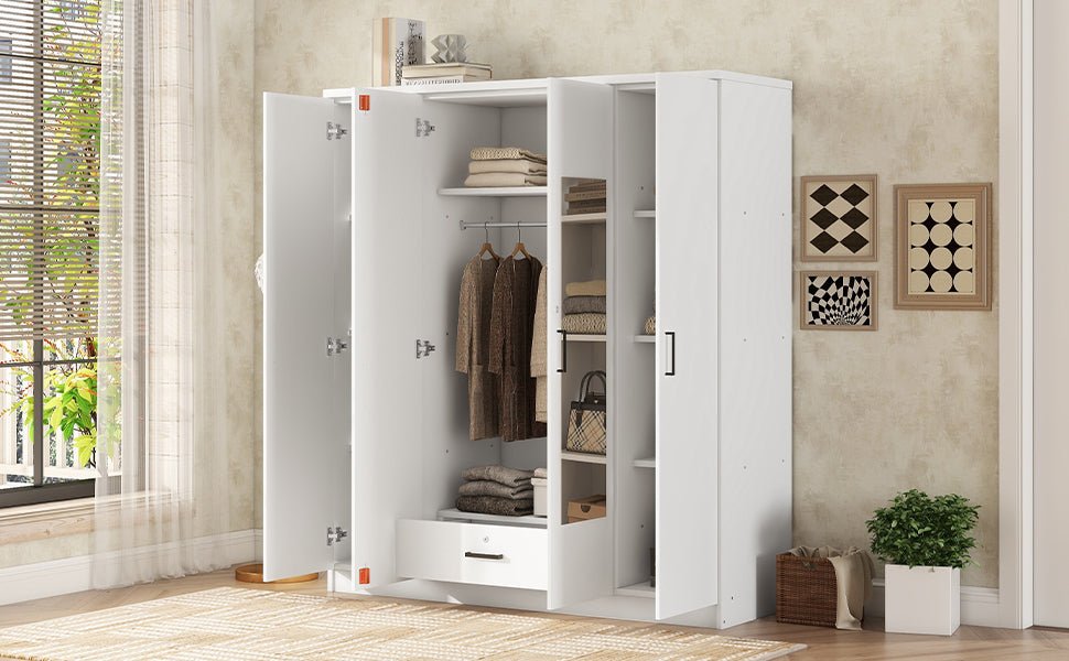 White 4-door plywood mirror wardrobe by Anthony & Home, featuring sleek design and spacious storage for modern bedrooms.