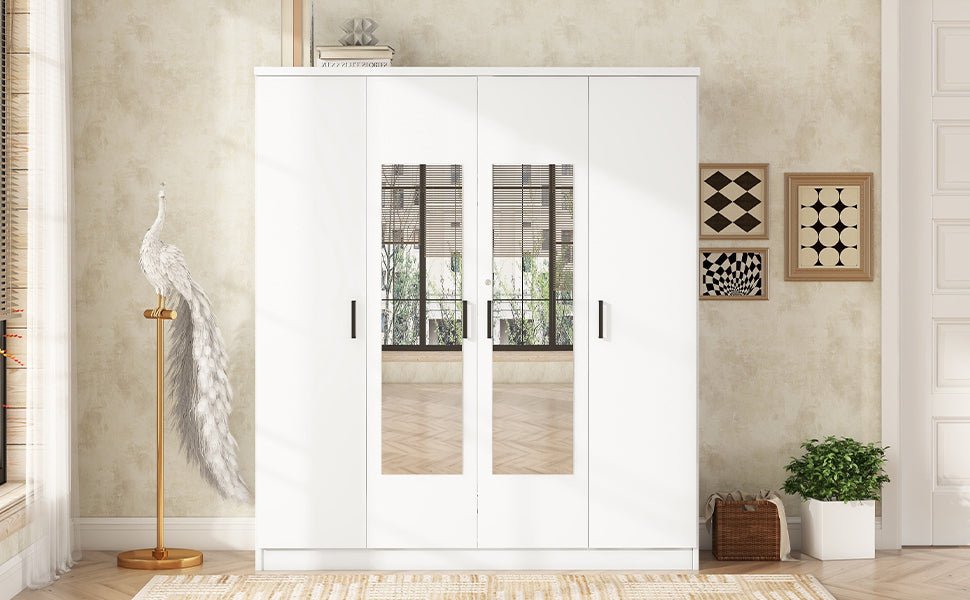 White plywood mirror wardrobe with four doors, showcasing a sleek, modern design from Anthony & Home's limited edition collection.