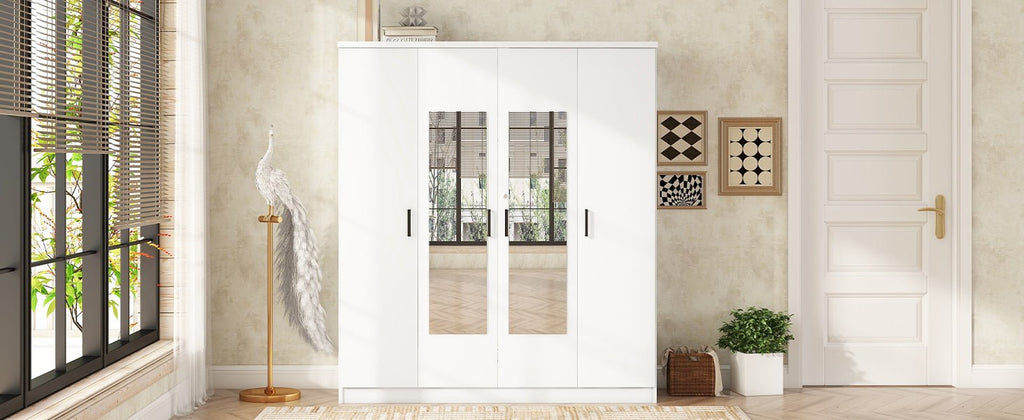 White 4-door plywood mirror wardrobe by Anthony & Home, featuring sleek design and reflective mirror panels for modern storage.