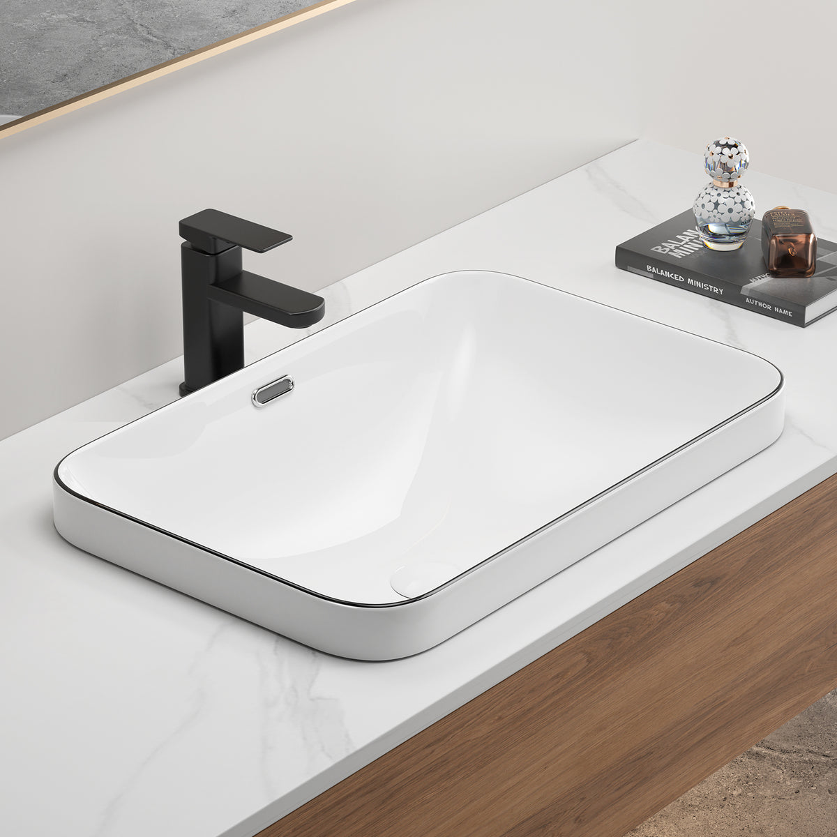 Porcelain undermount sink by Anthony & Home, showcasing a smooth, white basin with polished edges for modern bathroom decor.
