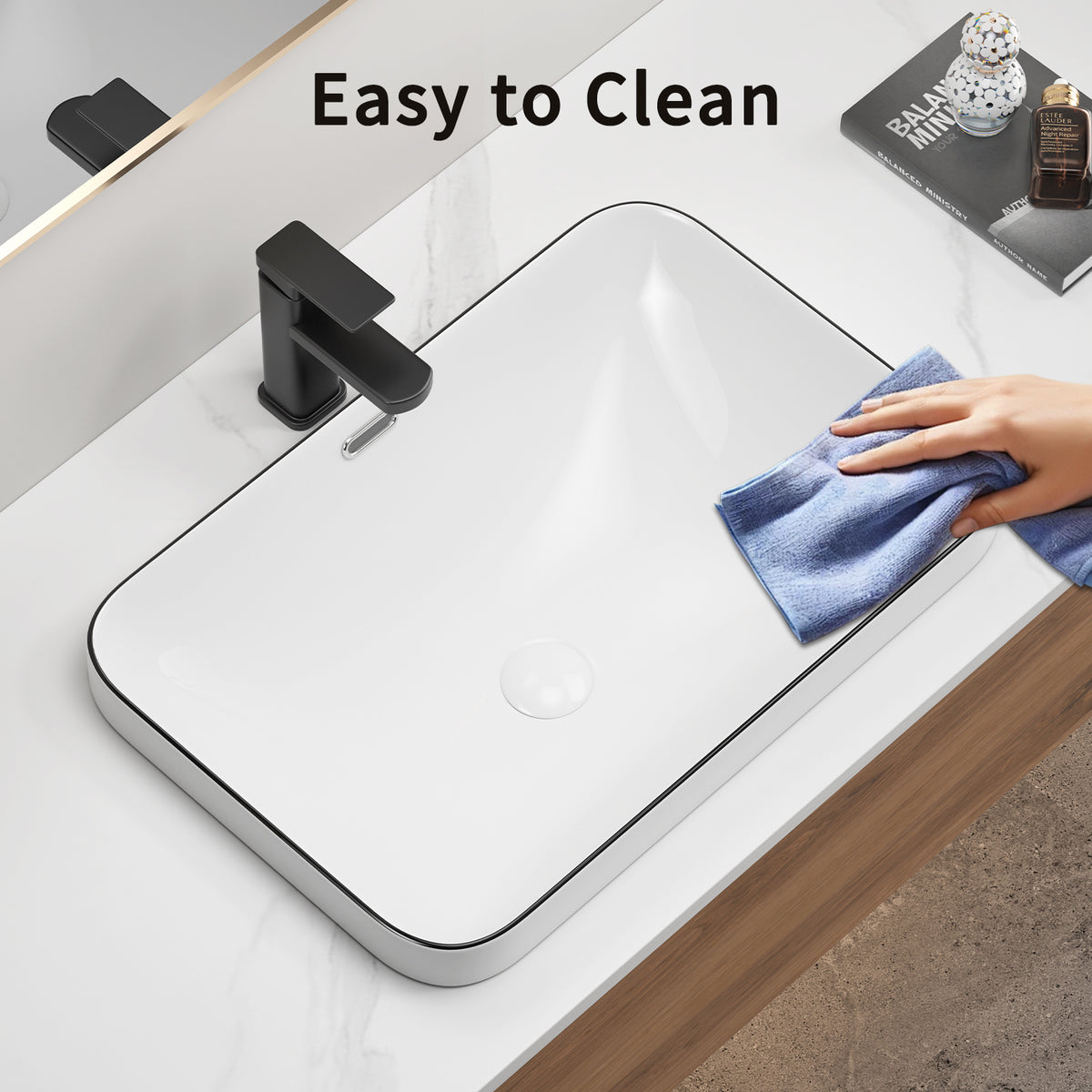 Porcelain undermount sink from Anthony & Home, featuring a smooth, glossy finish and clean rectangular design for modern bathrooms.