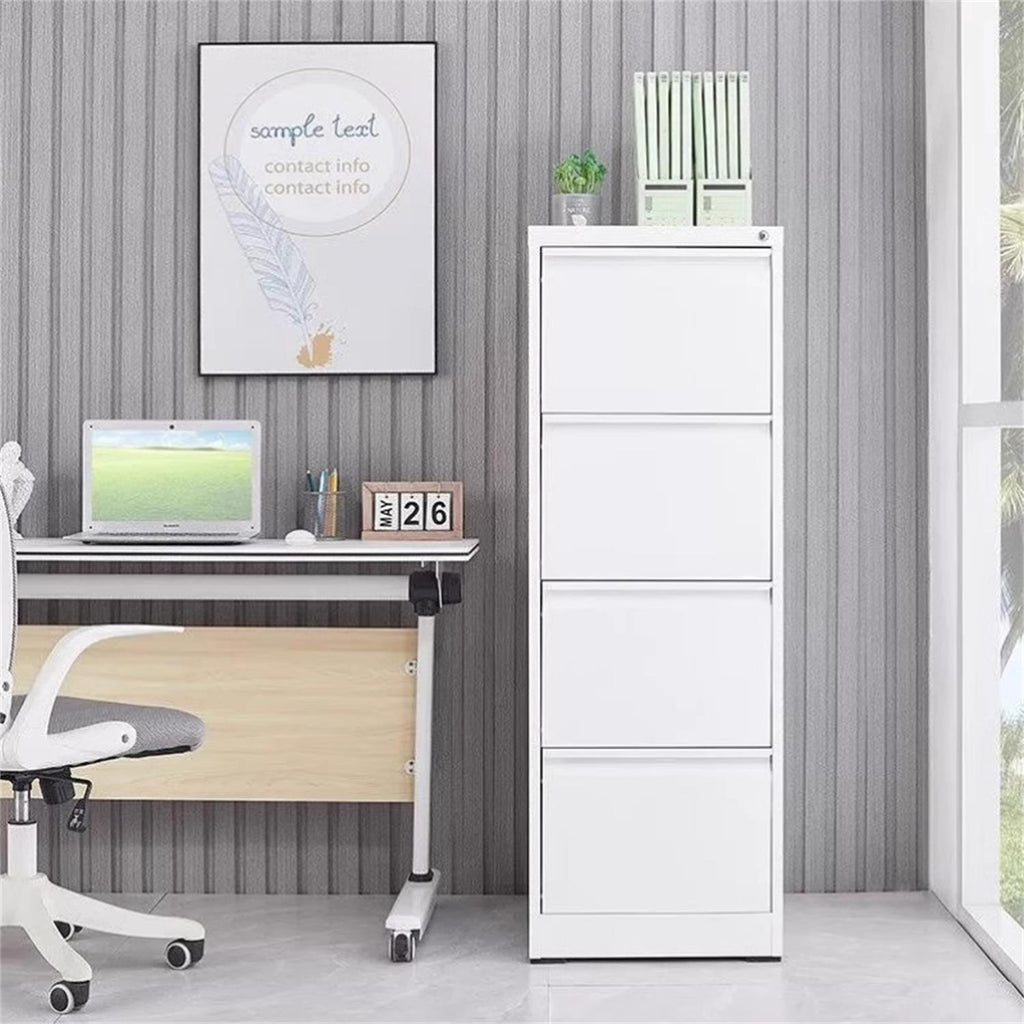 Four-drawer powder-coated steel vertical file cabinet by Anthony & Home, designed for office document storage.