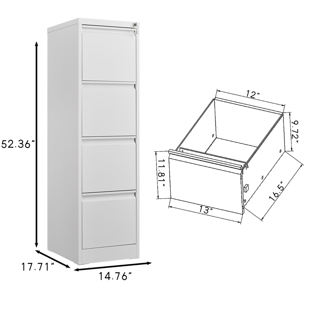 Powder-coated steel vertical file cabinet with four drawers from Anthony & Home, ideal for office organization and secure document storage.