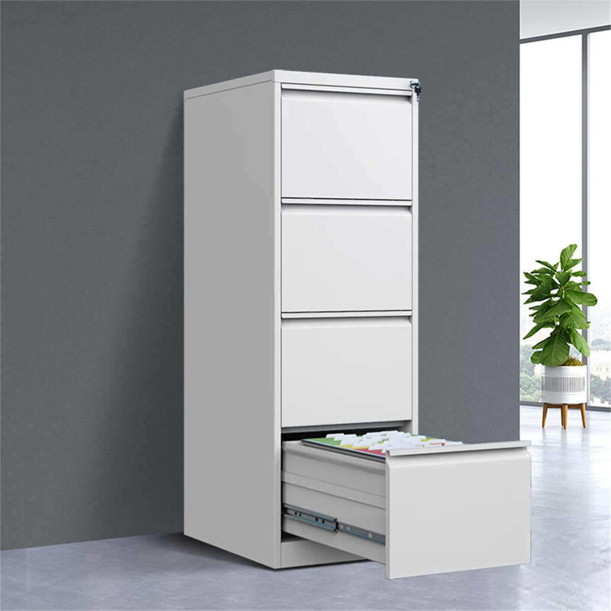 Four-drawer powder-coated steel vertical file cabinet by Anthony & Home, with a sleek modern design and sturdy construction.