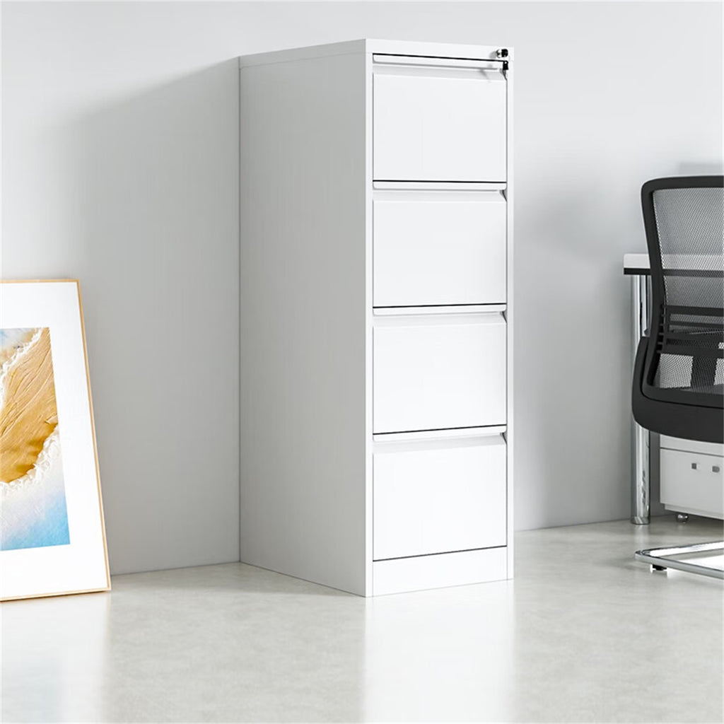 Four-drawer powder-coated steel vertical file cabinet by Anthony & Home, ideal for office organization and document storage.