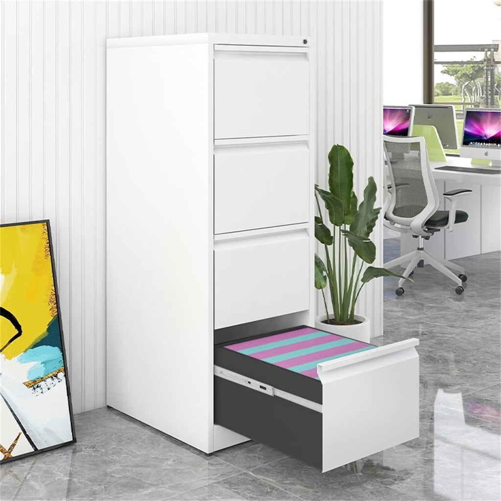Four-drawer powder-coated steel vertical file cabinet by Anthony & Home with a sleek, durable design for office organization.