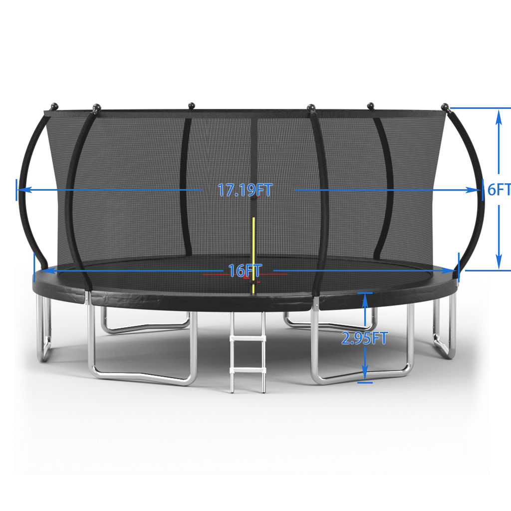 Black 16ft Pumpkin-themed trampoline with sturdy steel frame by Anthony & Home, perfect for outdoor fun and exercise.