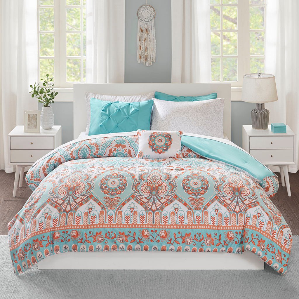 Queen Boho comforter set with aqua textured finish and matching sheets from Anthony & Home, showcasing soft, stylish bedding.
