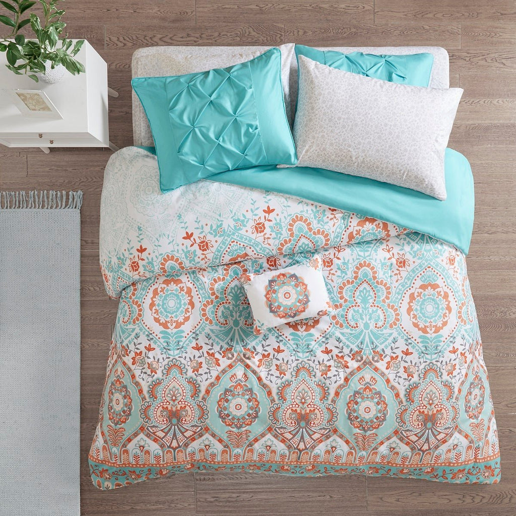 Anthony & Home Queen Boho comforter set with aqua textured finish and matching sheets, featuring a stylish and cozy bedding design.