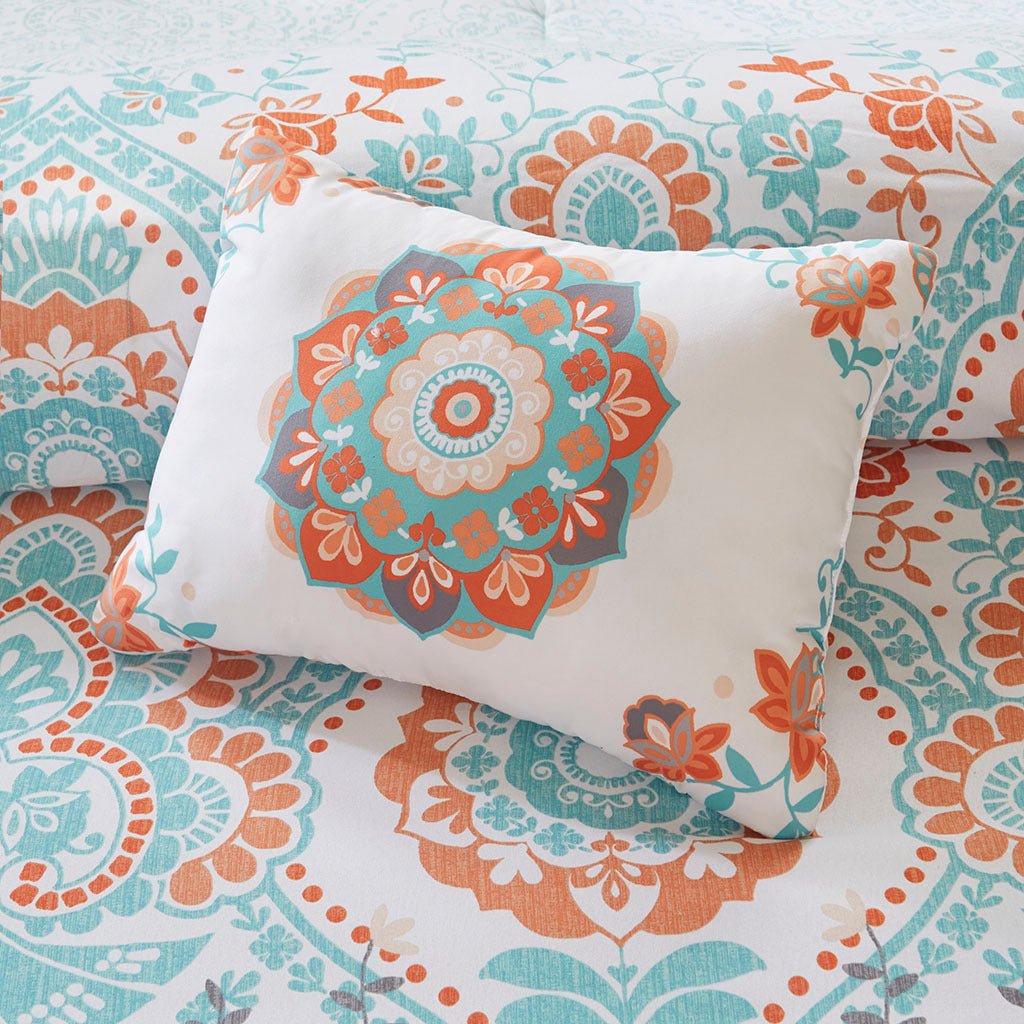 Anthony & Home Queen Boho Comforter Set with Sheets in aqua textured finish, featuring decorative patterns and cozy bedding.