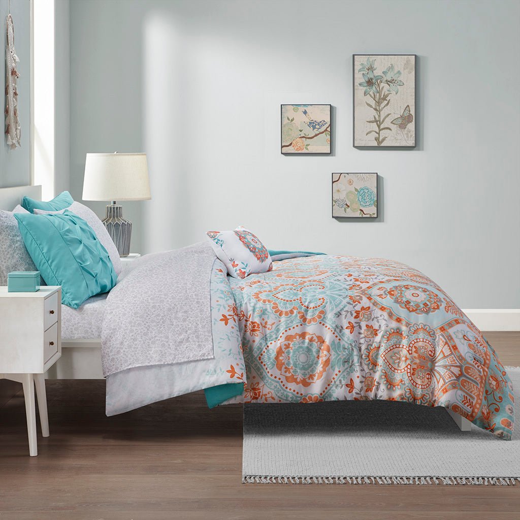Anthony & Home Queen Boho comforter set with sheets in aqua textured finish, featuring a cozy, stylish bedding ensemble.