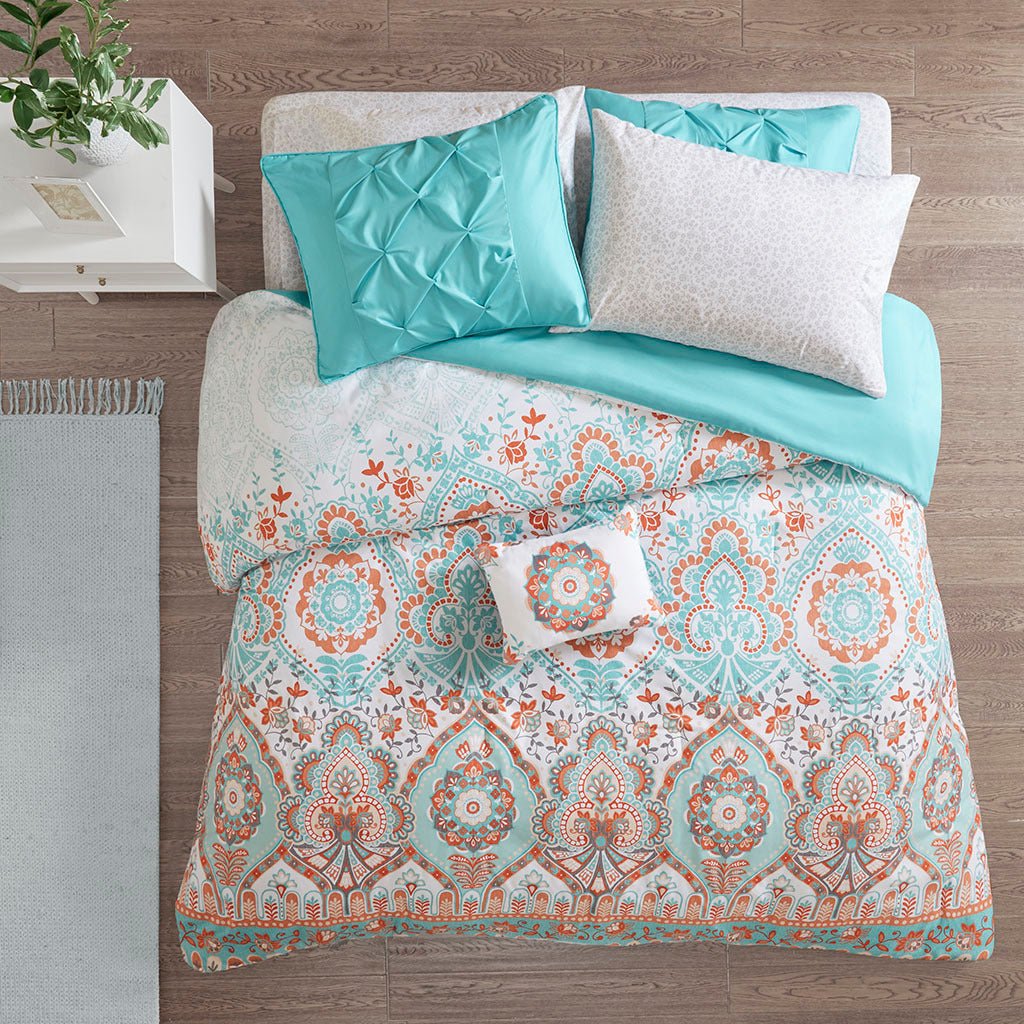 Anthony & Home Queen Boho comforter set with aqua textured finish and matching sheets, showcasing a cozy, stylish bedding ensemble.