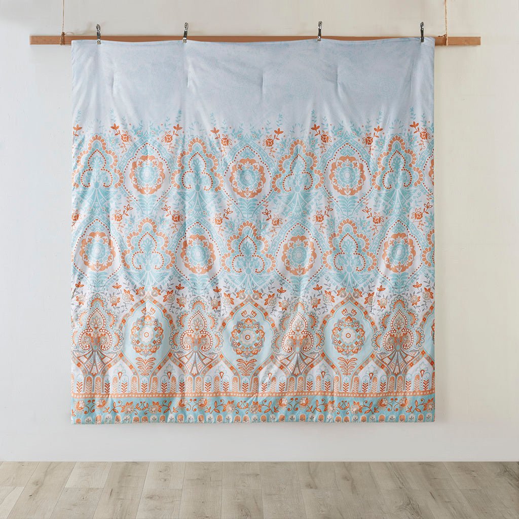 Queen Boho comforter set with aqua textured finish and matching sheets by Anthony & Home, showcasing a cozy, stylish bedroom arrangement.
