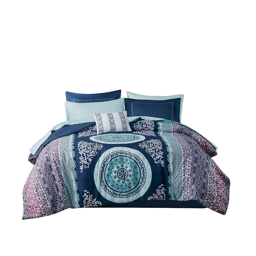 Queen brushed microfiber boho comforter set in navy with matching shams by Anthony & Home, featuring a cozy, textured design.