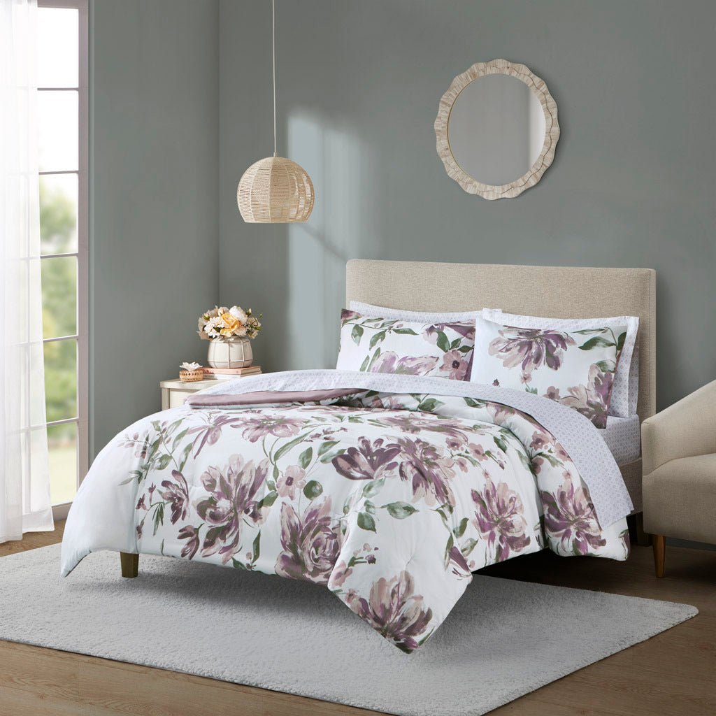 Queen floral comforter set with sheets, Anthony & Home, featuring brushed microfiber and polyester filling for soft, cozy bedding.