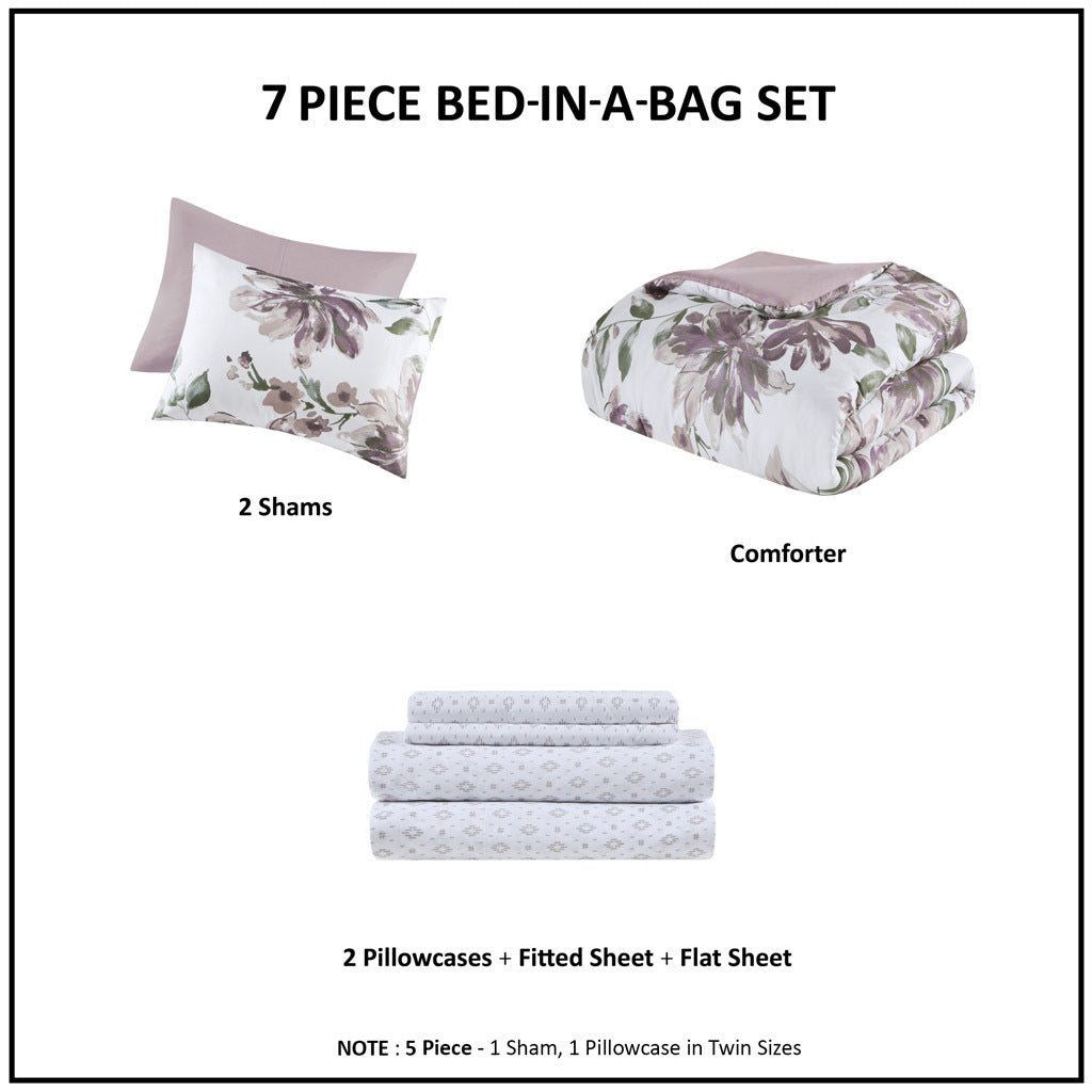 Queen floral comforter set by Anthony & Home with sheets, brushed microfiber, and polyester filling, featuring a vibrant floral pattern.