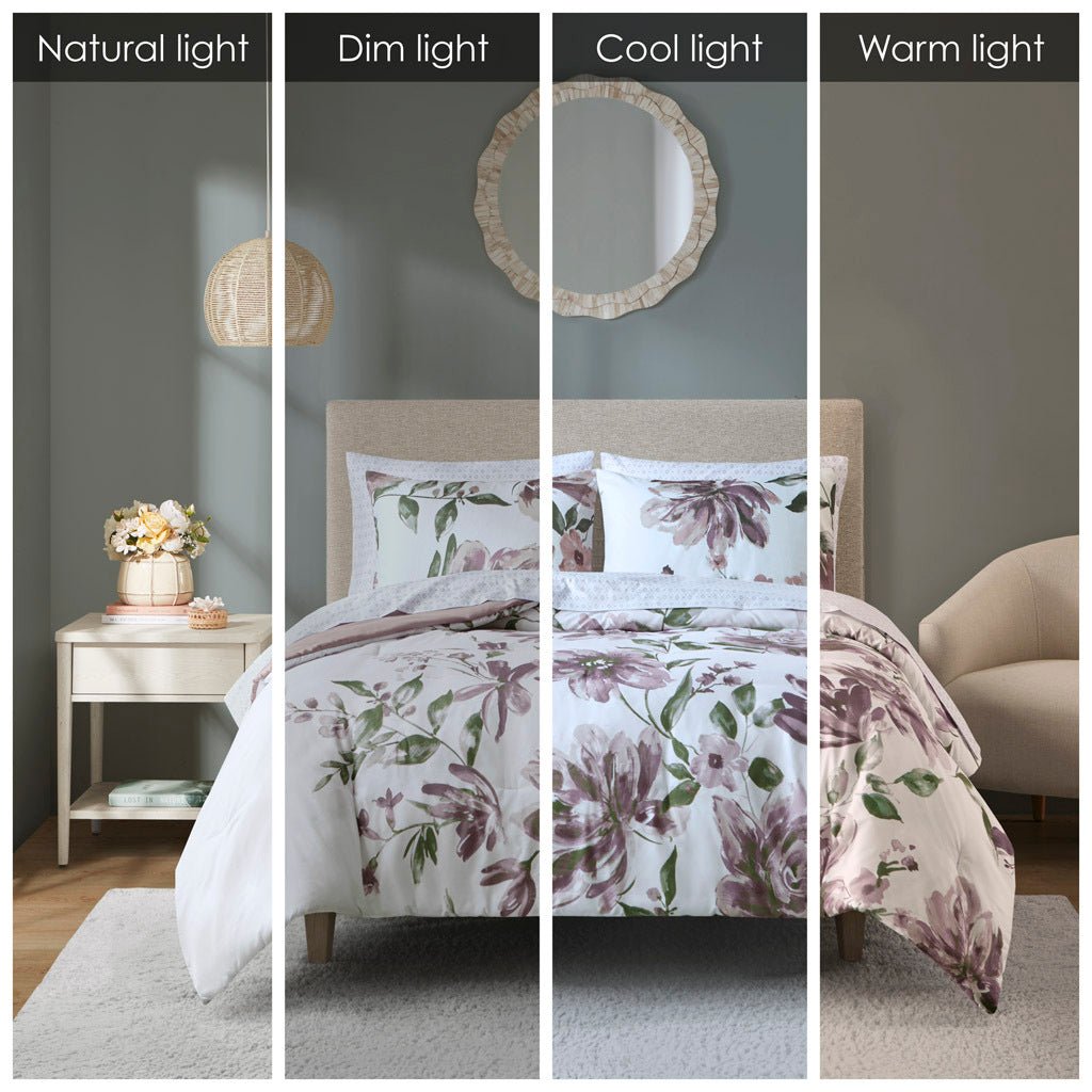 Anthony & Home Queen floral comforter set with sheets, brushed microfiber fabric and polyester filling, featuring vibrant floral patterns.