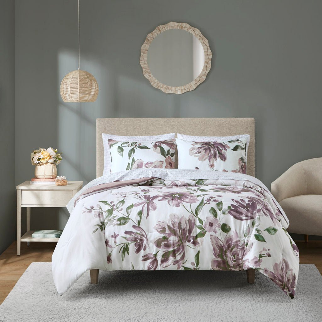 Queen floral comforter set with sheets, brushed microfiber, and polyester filling from Anthony & Home, featuring a floral pattern.