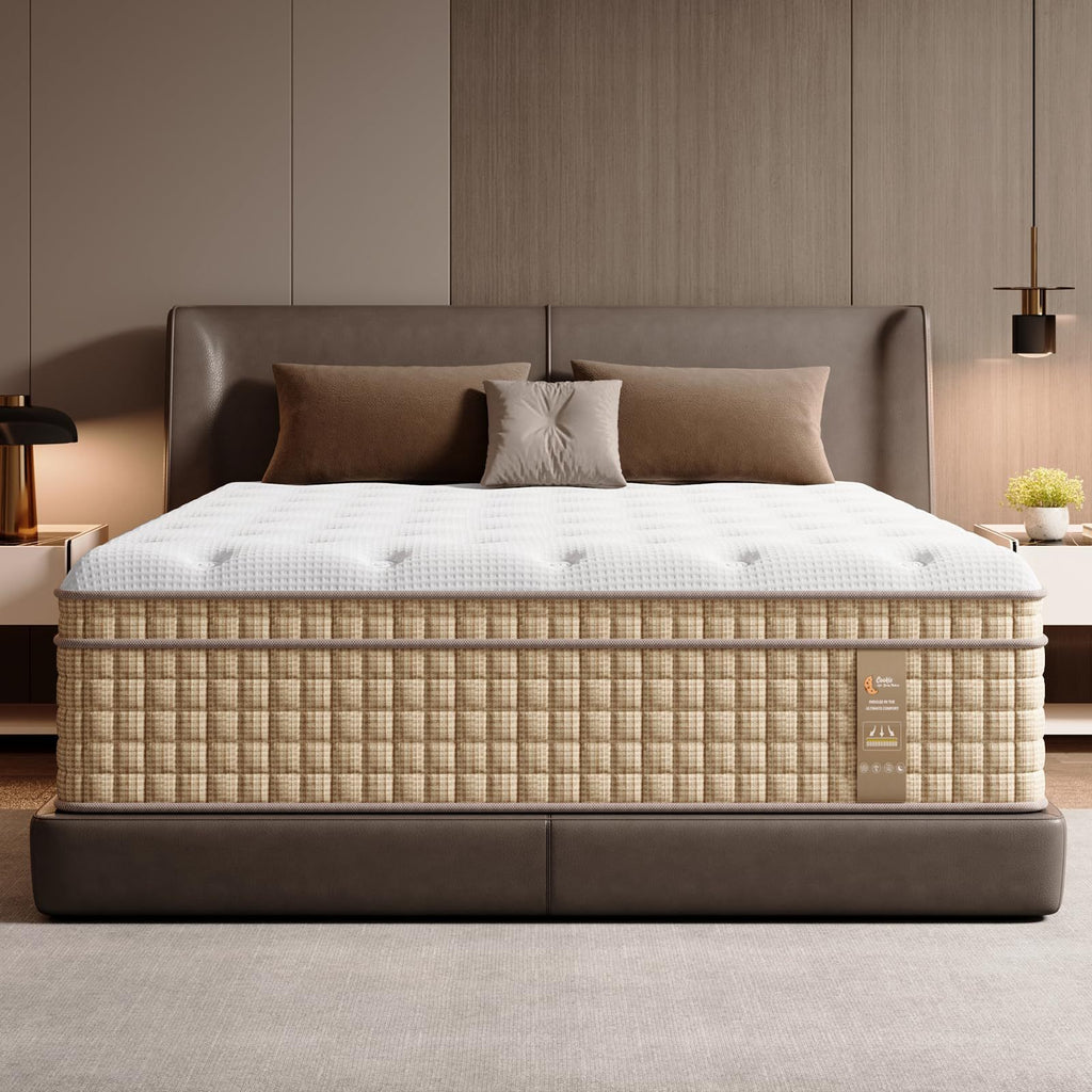 Queen hybrid mattress by Anthony & Home with gel memory foam and innerspring core, shown with a clean, inviting bedding setup.