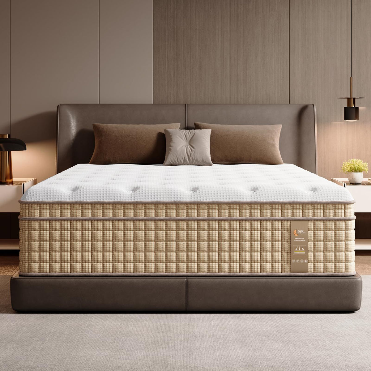 Queen hybrid mattress by Anthony & Home with gel memory foam and innerspring core, shown with a clean, inviting bedding setup.