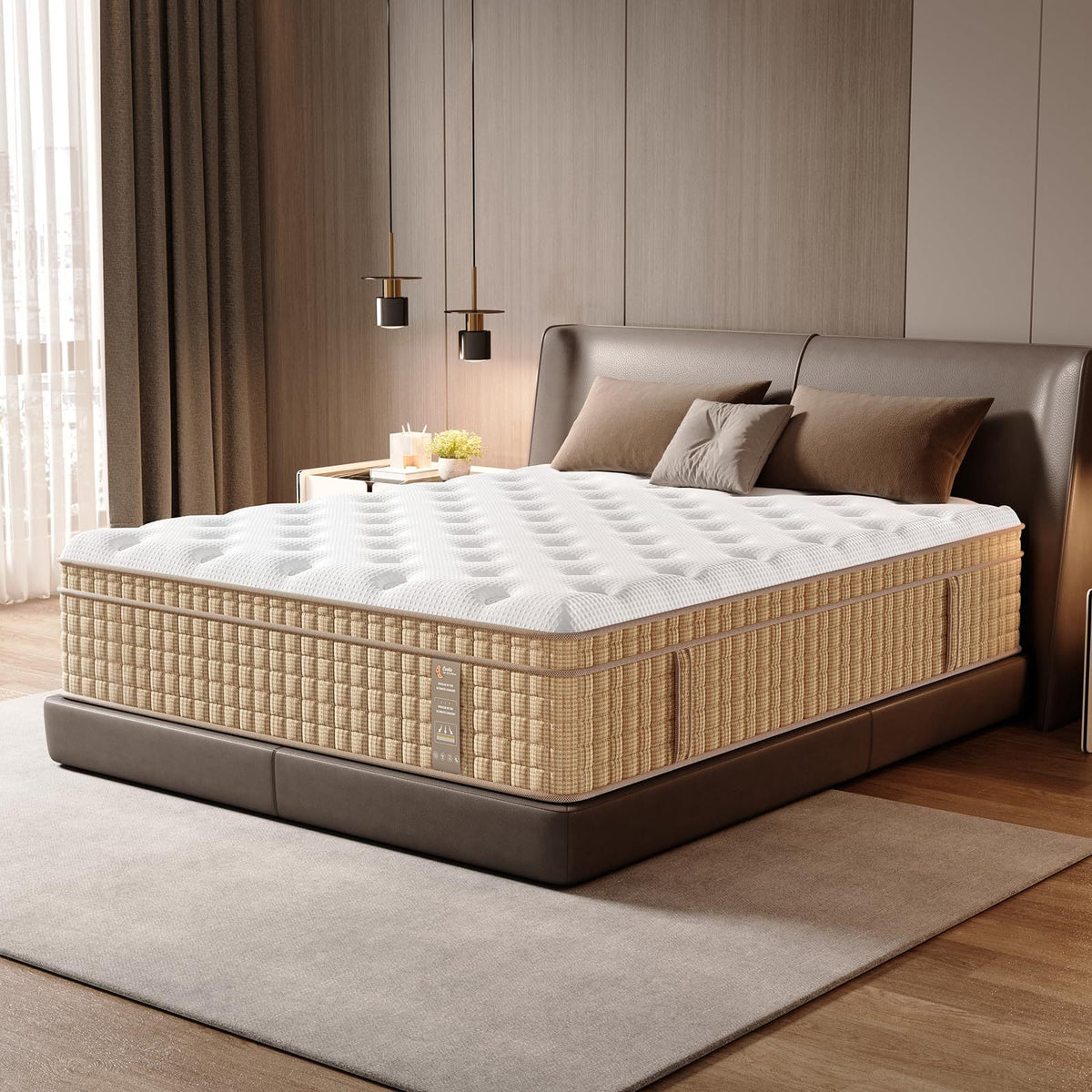Queen hybrid mattress by Anthony & Home with gel memory foam and innerspring core, shown with plush, quilted surface.