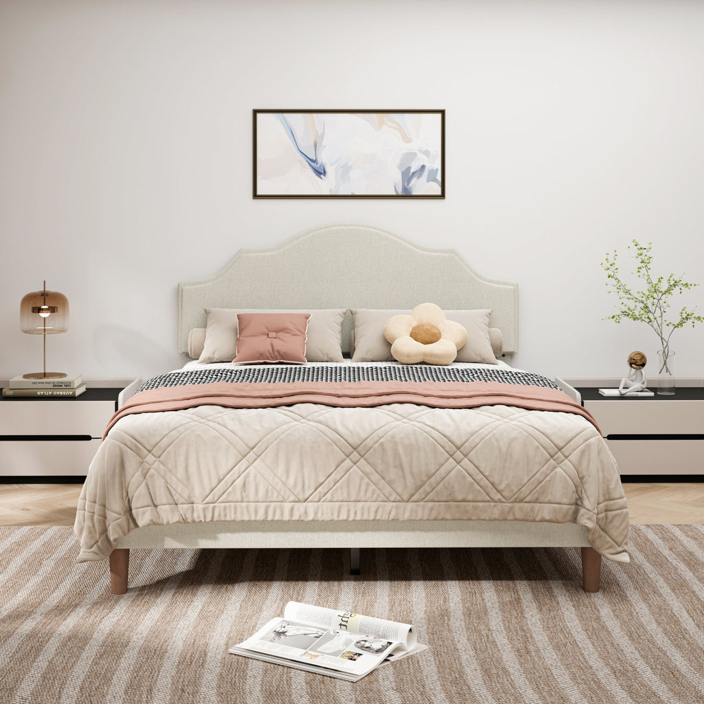 Queen linen platform bed with adjustable headboard by Anthony & Home, showcasing a modern bedroom setup with neutral linens.
