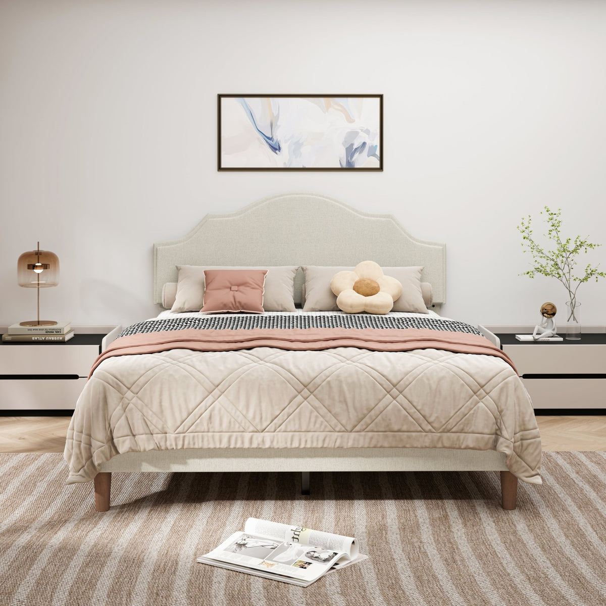 Queen linen platform bed with adjustable headboard by Anthony & Home, showcasing a modern bedroom setup with neutral linens.