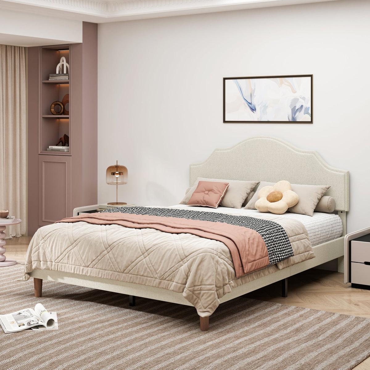 Queen linen platform bed by Anthony & Home with adjustable headboard, featuring a sleek modern design and soft fabric upholstery.