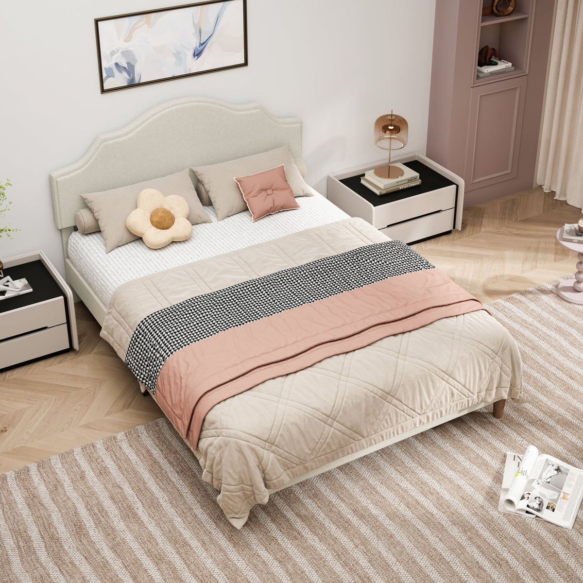 Queen linen platform bed with adjustable headboard by Anthony & Home, featuring a modern design and comfortable bedding setup.