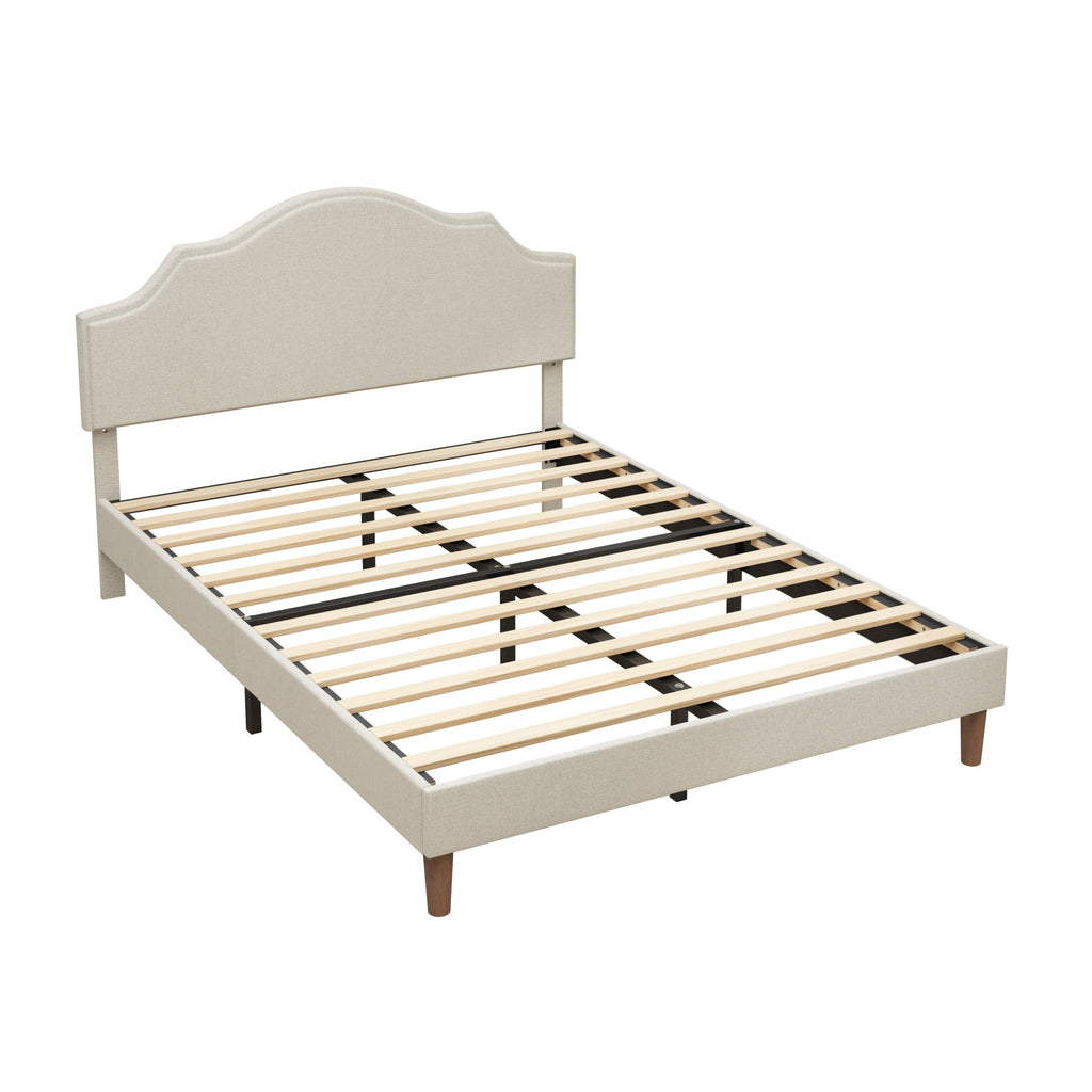 Queen linen platform bed with adjustable headboard by Anthony & Home, featuring a modern, upholstered design in neutral fabric.