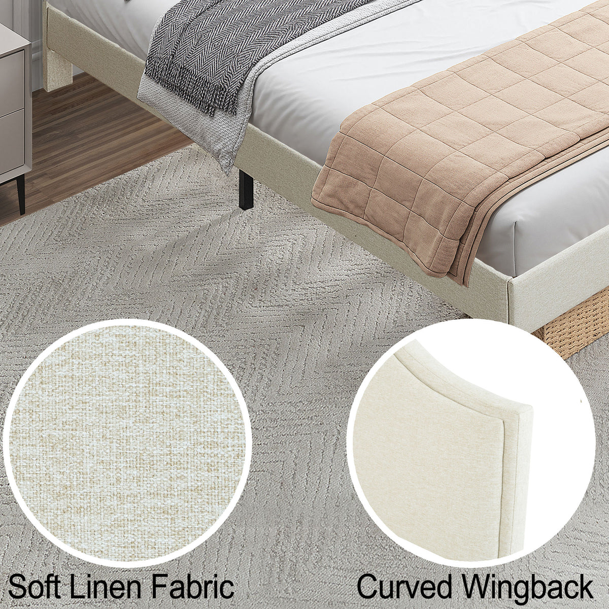 Queen linen platform bed with adjustable headboard by Anthony & Home, featuring a modern design and soft fabric upholstery.
