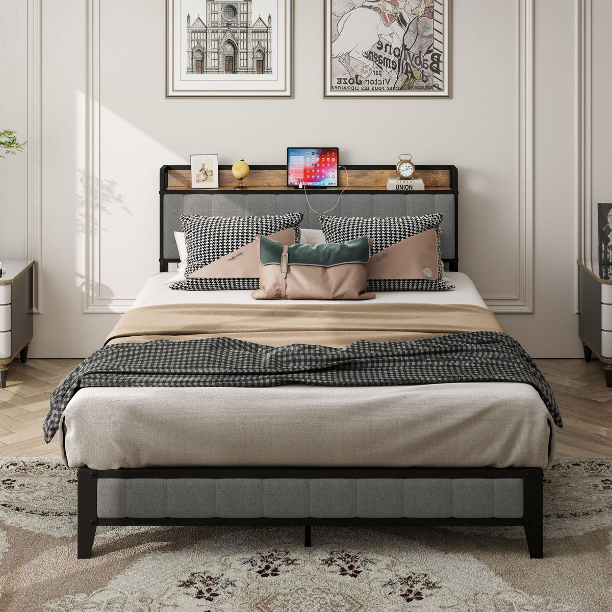 Queen linen upholstered bed frame by Anthony & Home with a plush, padded headboard and sturdy wooden legs.