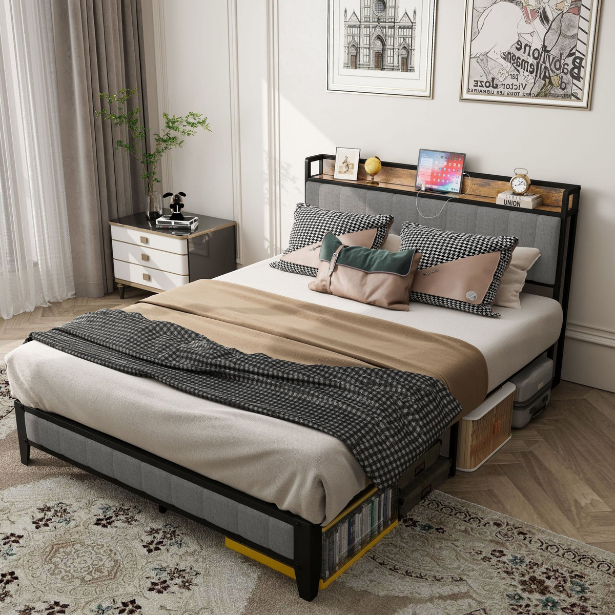 Queen Linen Upholstered Bed Frame by Anthony & Home featuring a stylish, padded headboard and sleek wooden legs.