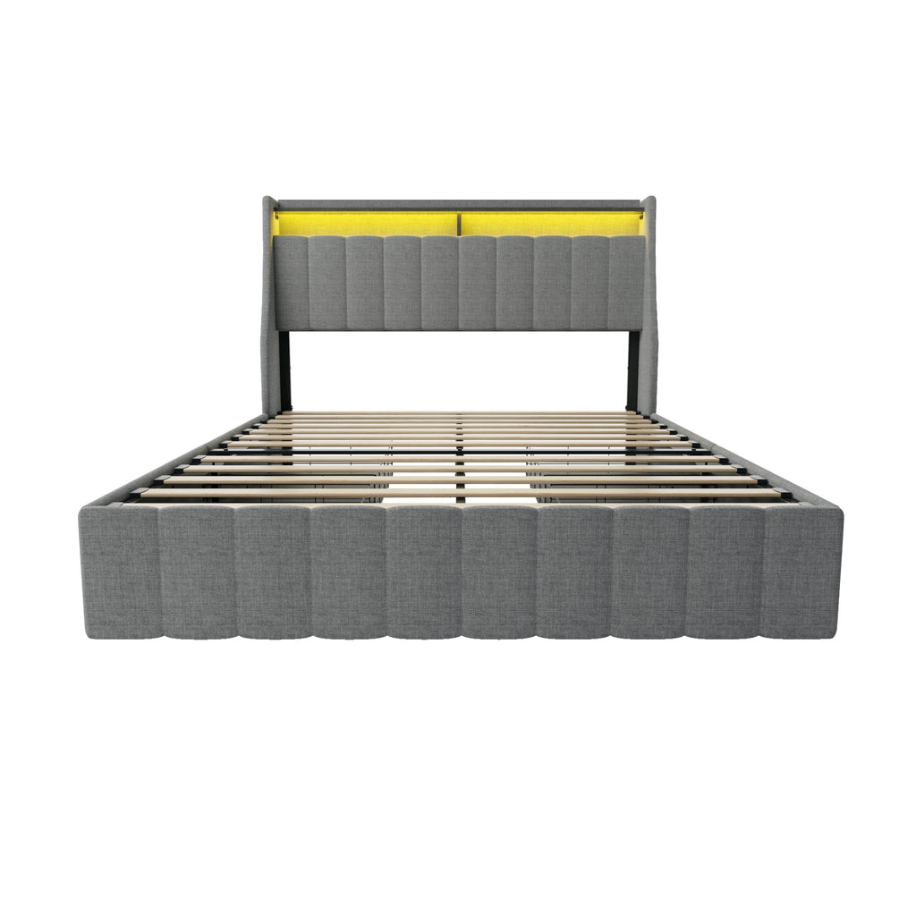 Queen linen upholstered bed frame with winged headboard by Anthony & Home, showcasing a stylish and comfortable bedroom centerpiece.