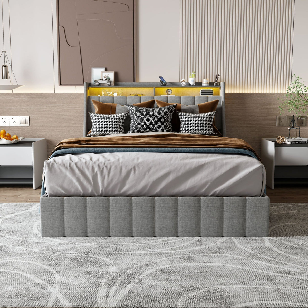 Queen linen upholstered bed frame with winged headboard by Anthony & Home, showcasing soft linen fabric and elegant design.