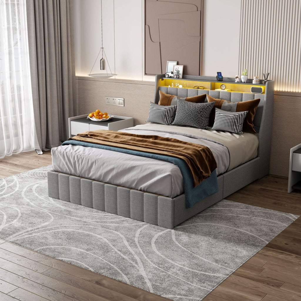 Queen linen upholstered bed frame with winged headboard by Anthony & Home, showcasing soft fabric and elegant design.